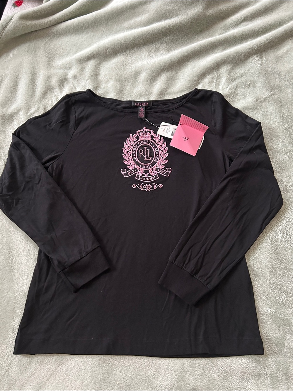 Ralph Lauren Black Long-Sleeve Tee with Pink Crest Emblem